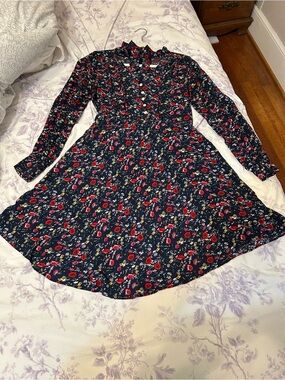 Trollied Dolly Feminine Floral Long-Sleeve Navy Cottagecore Dress